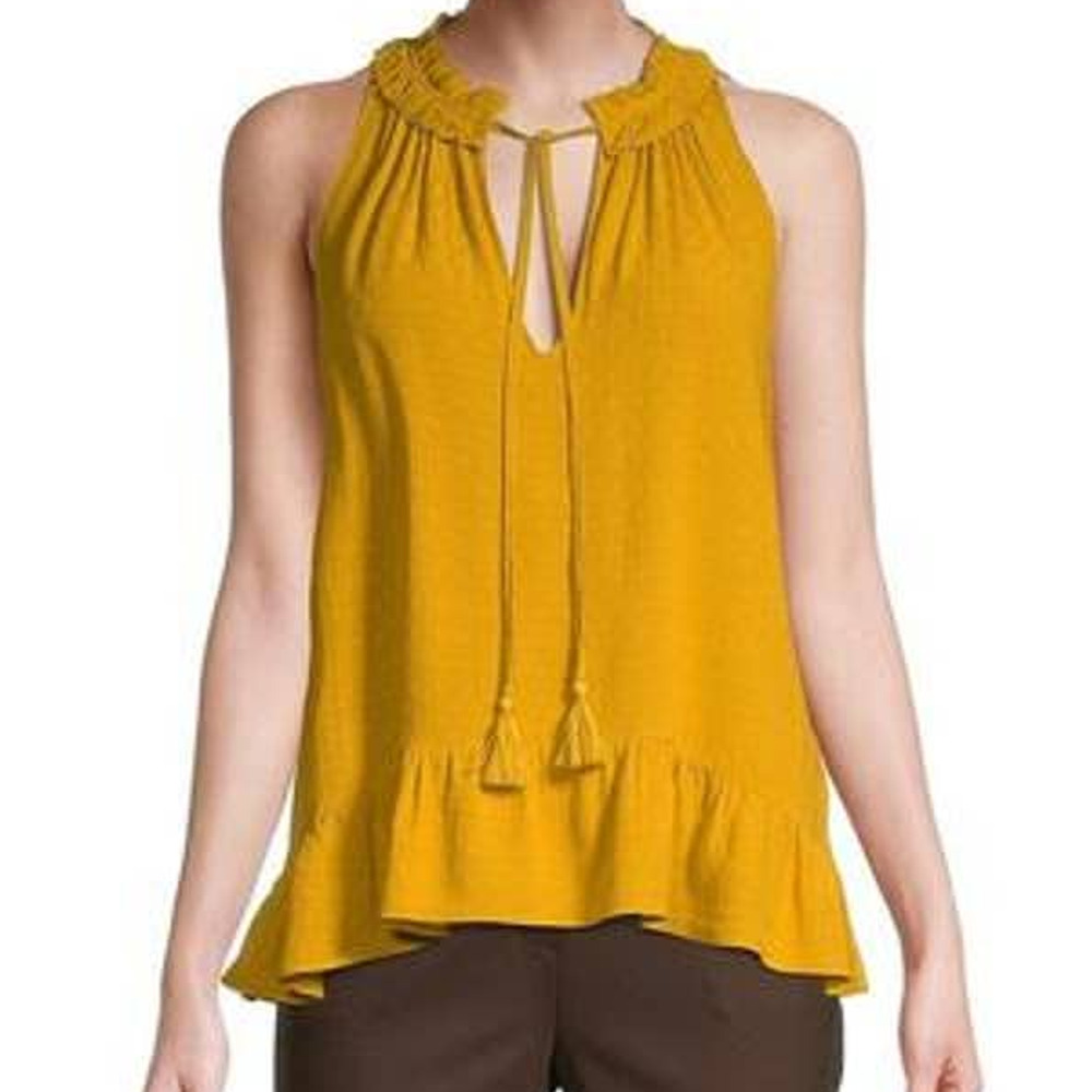 Ramy Brook NWT Joni Sleeveless Ruffle-Hem Gold Top Size L V-Neck Pleated Tassel